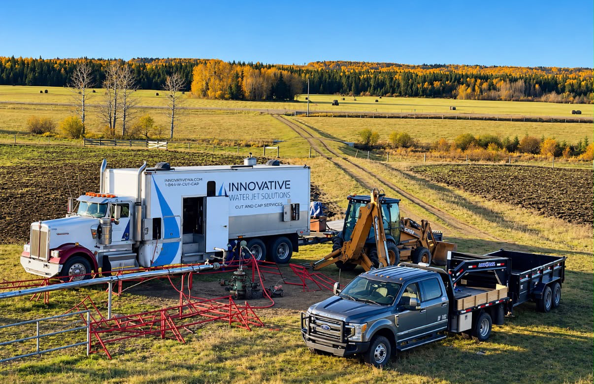UHP waterjet cutting truck, Case backhoe, support truck and dump trailer on a wellsite